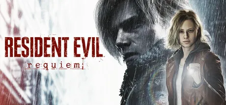 A dark and intense promotional poster for the movie "Resident Evil: Requiem," featuring a female character with blonde hair, wearing a brown leather jacket, holding a flashlight. The background is a chaotic scene of destruction with broken glass and debris. The title "Resident Evil: Requiem" is prominently displayed in bold red letters at the top left corner.