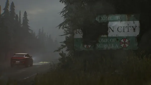 A red car driving on a foggy road near a forest, with a sign that reads "Welcome to Rain City" and mentions Umbrella Corporation. The scene is dark and mysterious, with a sense of foreboding.