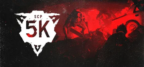 A dark and intense scene with a red and black color scheme, featuring a white triangular logo with "SCP 5K" in the center. The background includes a chaotic environment with debris and a damaged vehicle, suggesting a post-apocalyptic or disaster setting.
