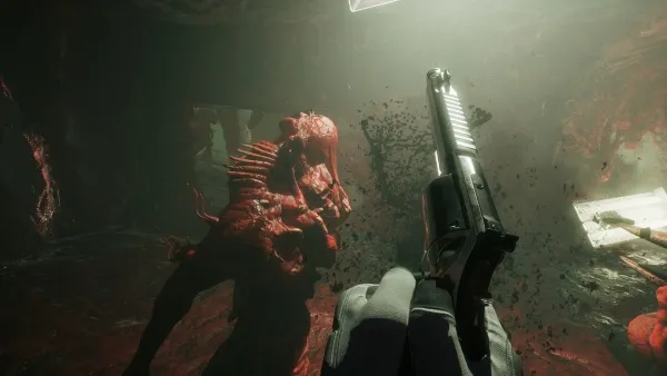 A first-person perspective of a person holding a futuristic firearm, facing a grotesque, monstrous creature in a dark, blood-splattered environment with scattered debris and a dimly lit background. The scene suggests an intense action or survival scenario, possibly from a video game or a science fiction setting.