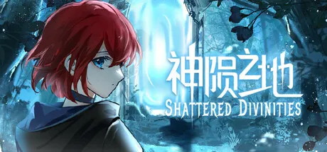 A red-haired anime character with blue eyes, wearing a dark cloak, stands in front of a mystical forest backdrop. The scene is illuminated by a soft, ethereal light filtering through the trees. The title "Shattered Divinities" is prominently displayed in stylized white text.