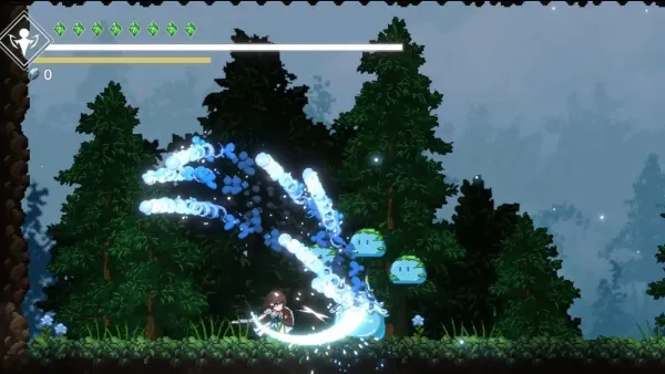 A character in a fantasy game is casting a spell, surrounded by trees and a blue energy wave. The scene includes health and mana bars at the top left corner.