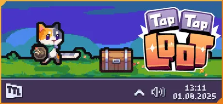 A pixel art scene featuring a cat with a fishing rod, standing on grass next to a treasure chest. The background includes a blue sky and distant mountains. The game title "Tap Tap Loot" is displayed in the top right corner. A digital clock shows 13:11, and a date display reads 01.06.2025.