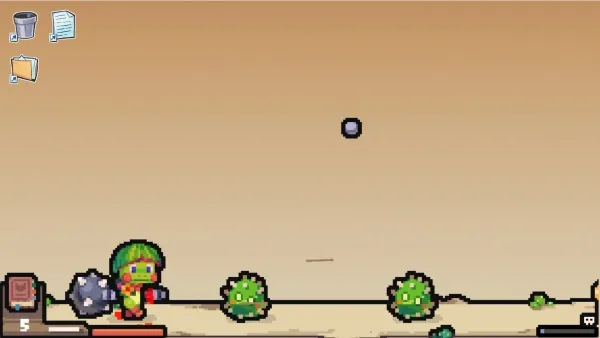 A pixel art scene featuring a character with green hair and red clothing, standing on a platform. The background is a gradient of brown tones, and there are small green plants scattered throughout the scene. A black circle is floating in the air above the character. The top left corner has icons resembling a trash can, a document, and a folder. The bottom left corner shows a number "5" next to an icon that looks like a battery or health bar.
