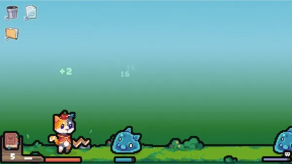 A pixel art scene featuring a cat character with a party hat, jumping on platforms in a grassy landscape. The background is a gradient of blue sky and green land. There are two blue fish-like characters and some bushes. The top left corner has icons for trash can, document, and folder. Numbers "+2" and "16" appear in the air.