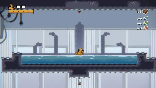 A pixel art scene from a video game featuring a small yellow character floating on water in the center of a room with pipes and machinery. The top left corner displays health and inventory icons, while the top right corner shows a score and additional item counts. The background includes a large window and various mechanical elements.
