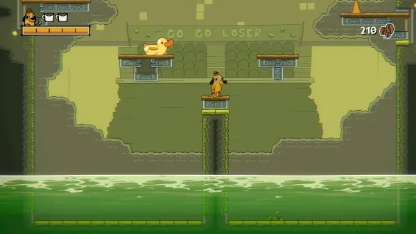 A pixel art scene from a platformer video game featuring a small character standing on a wooden platform in the center, with a large duck floating nearby. The background includes a cave-like setting with additional platforms and a sign that reads "GO GO LOSER." The top left corner shows an inventory icon with two items, and the top right corner displays a score of 210. The bottom part of the image depicts a green water surface.