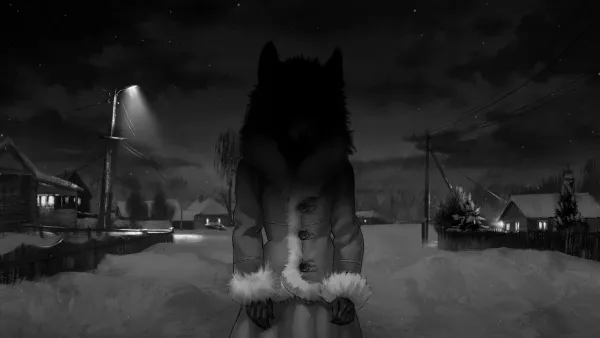 A solitary figure stands in the center of a snow-covered village, shrouded in darkness. The person is clad in a long coat with fur trim and has the head of a wolf, adding an air of mystery to their presence. The scene is illuminated by the soft glow of distant streetlights, casting eerie shadows on the snow-laden rooftops and bare trees. Stars twinkle faintly in the night sky above, enhancing the haunting atmosphere of this wintry nocturne.