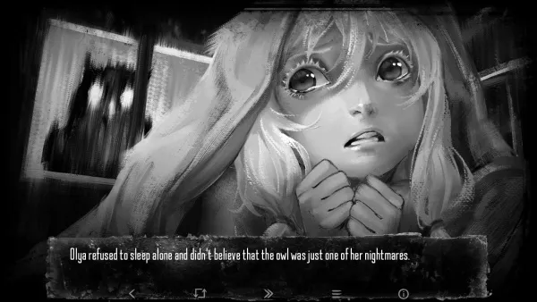 A black and white illustration of a young girl with long hair, wide eyes, and a scared expression. She is clutching her hands together in front of her chest. The background features a dark room with a window showing a blurred view outside. The caption reads: "Olya refused to sleep alone and didn't believe that the owl was just one of her nightmares."