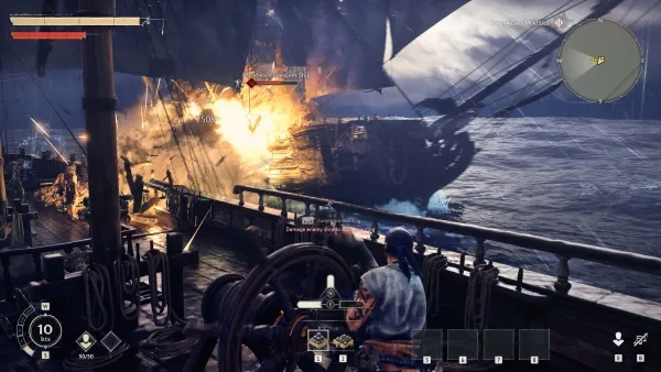 A pirate ship engaged in a fierce battle at sea, with flames and explosions erupting from the opposing vessel. The player character is on deck, wielding a weapon, as the game interface overlays the scene with health bars, radar, and other gameplay elements. Dark, stormy skies and rough waters add to the intense atmosphere of the naval warfare.