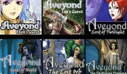 A collection of six fantasy-themed book covers for the "Aveyond" series, each featuring a different character and title: Rhen's Quest, Ean's Quest, Lord of Twilight, Gates of Night, The Lost Orb, and The Darkside Prophecy. The characters are illustrated in vibrant colors with unique hairstyles and outfits, set against mystical backdrops that suggest adventure and magic.