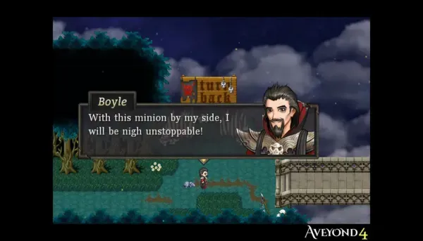 A character from the game "Aveyond 4: Shadow of Mist" named Boyle, with a confident expression and a minion by his side, stands in a mystical forest setting. The scene includes a treasure chest and a small creature on the ground. The dialogue box reads, "With this minion by my side, I will be nigh unstoppable!"