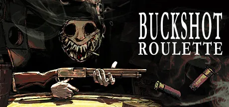 Buckshot Roulette game cover featuring a character with a sinister grin holding a shotgun, surrounded by shotgun shells.