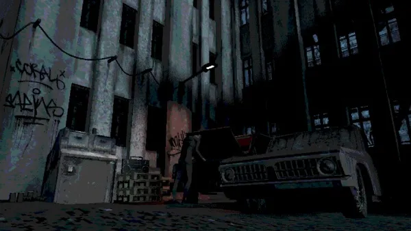 A dimly lit alley with a person inspecting an old car, surrounded by graffiti and urban decay, evoking a sense of mystery.