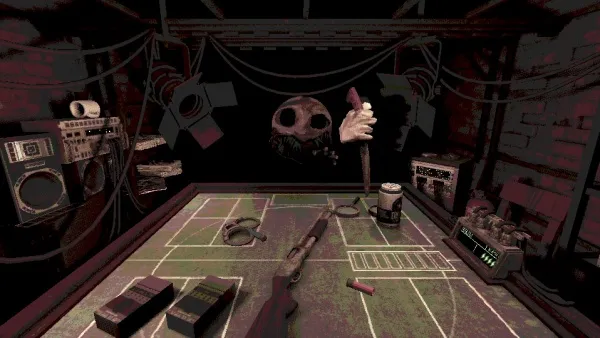 A dark, eerie room with a table displaying various objects, including a shotgun and a mysterious hand holding a weapon.