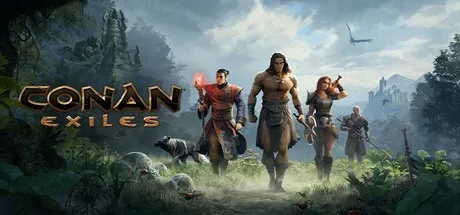 Four armed characters and a wolf stand in a lush, ancient jungle with ruins, the title "Conan Exiles" displayed on the left, with dramatic mountains and a dragon in the background.