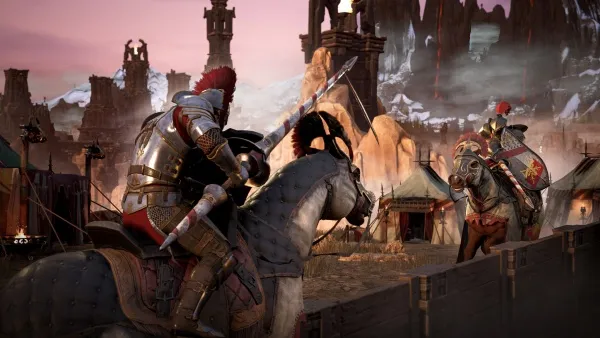 Two armored knights on horseback hold lances inside a medieval encampment with tents and fortifications against a dramatic, rocky landscape.