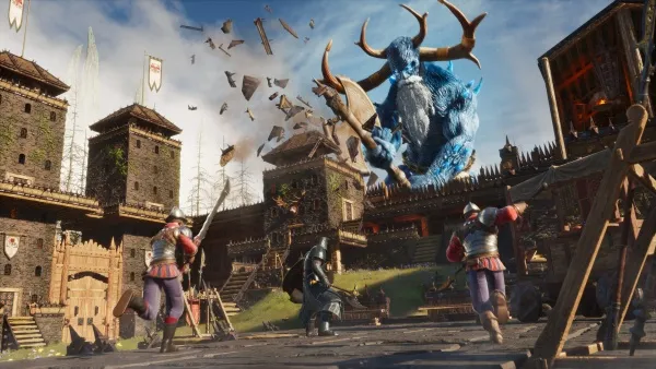 A dramatic fantasy scene with a blue, horned creature smashing through a medieval fortress as armored soldiers wield swords in defense. Debris flies, conveying chaos.