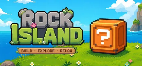 A pixel art style game scene featuring a grassy island with a large question mark block, clear blue skies and water in the background. The title "Rock Island" is displayed prominently at the top left corner with the subtitle "Build • Explore • Relax" below it. Small flowers are scattered across the grassy area.