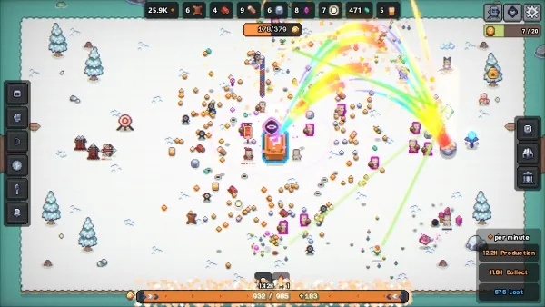 A screenshot of a mobile game interface, featuring a snowy landscape with various buildings and characters. The player's resources are displayed at the top, including currency, wood, stone, iron, food, and population. A character is attacking multiple enemies with colorful beams of light. The bottom bar shows production and collection rates, as well as losses. The game has a cute, cartoonish art style.
