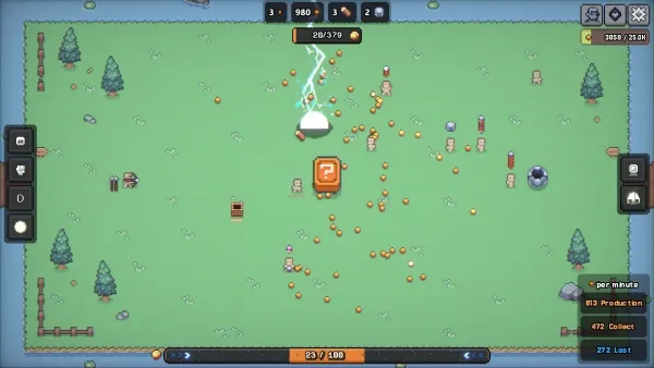 A pixel art game scene depicting a green field with trees, buildings, and various objects. The top left corner shows the player's resources: 3 wood, 980 stone, and 2 iron. The center of the screen displays an ongoing battle between characters and creatures. The bottom right corner provides information on production and loss rates per minute, including 833 production and 272 loss. The overall style is reminiscent of classic strategy games with a modern twist.