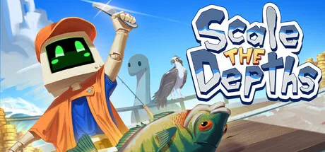 A character with a computer head holds a fish on a boat, surrounded by coins and whimsical sea creatures in a colorful game setting
