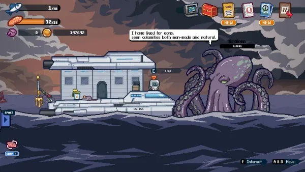 A cartoon-style scene featuring a boat and a giant octopus in the ocean, with dialogue about calamities and adventure