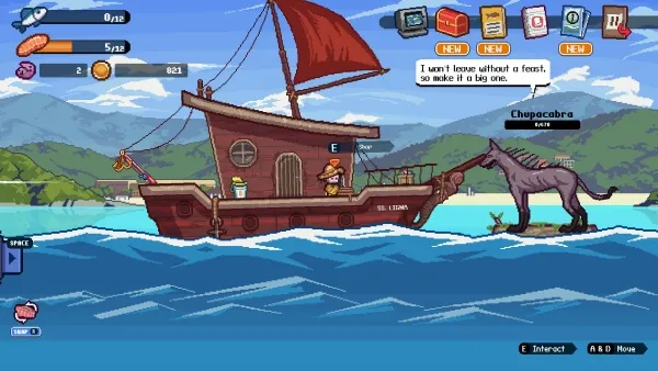 A character on a boat in a vibrant game scene, interacting with a mythical Chupacabra on the shore, surrounded by water and mountains.