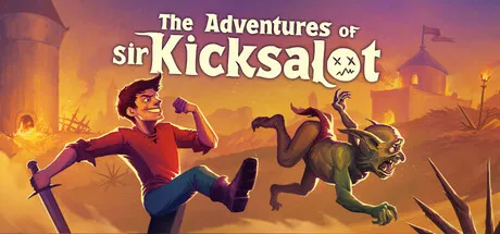 A young knight in red attire, brandishing a sword and shield, is engaged in a fierce battle with a green goblin. The scene takes place against the backdrop of a medieval castle under a sunset sky, with the title "The Adventures of Sir Kicksalot" prominently displayed above.