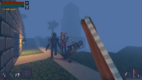 A group of characters in a video game setting, with one character lying on the ground and another holding a weapon. The scene is set at night or dusk, with a stone wall and a wooden ladder visible. The player's health bar is displayed at the top left corner, showing 17 skill points remaining. The environment appears to be an outdoor area with grassy terrain and distant structures.