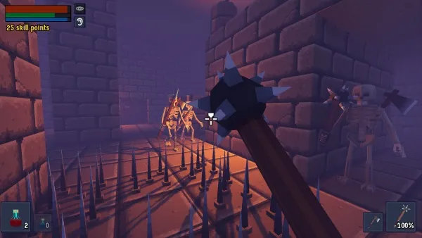 A first-person perspective of a video game scene featuring a player wielding an axe, with multiple skeletal enemies in a dark, medieval-style environment. The screen displays health and skill points at the top left corner, while the bottom corners show various game interface elements like inventory icons. The atmosphere is tense and ominous, with a purple hue dominating the scene.